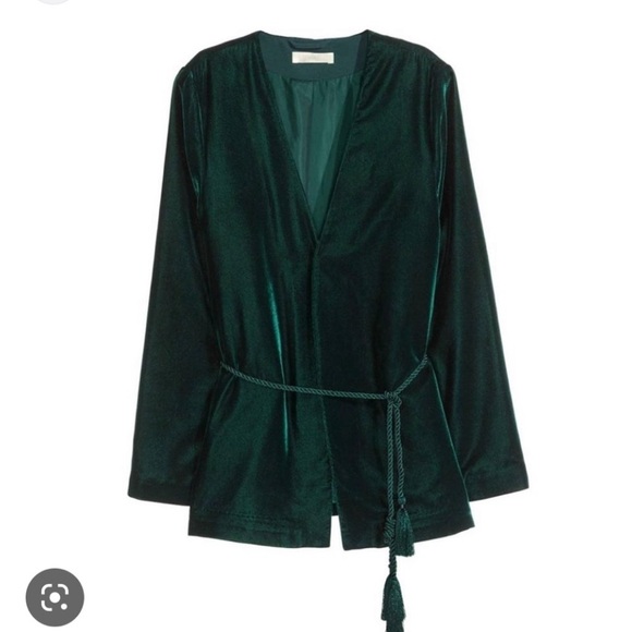 H&M] Blackish Green Velvet Tassel belt Open front wrap Jacket - Picture 2 of 10